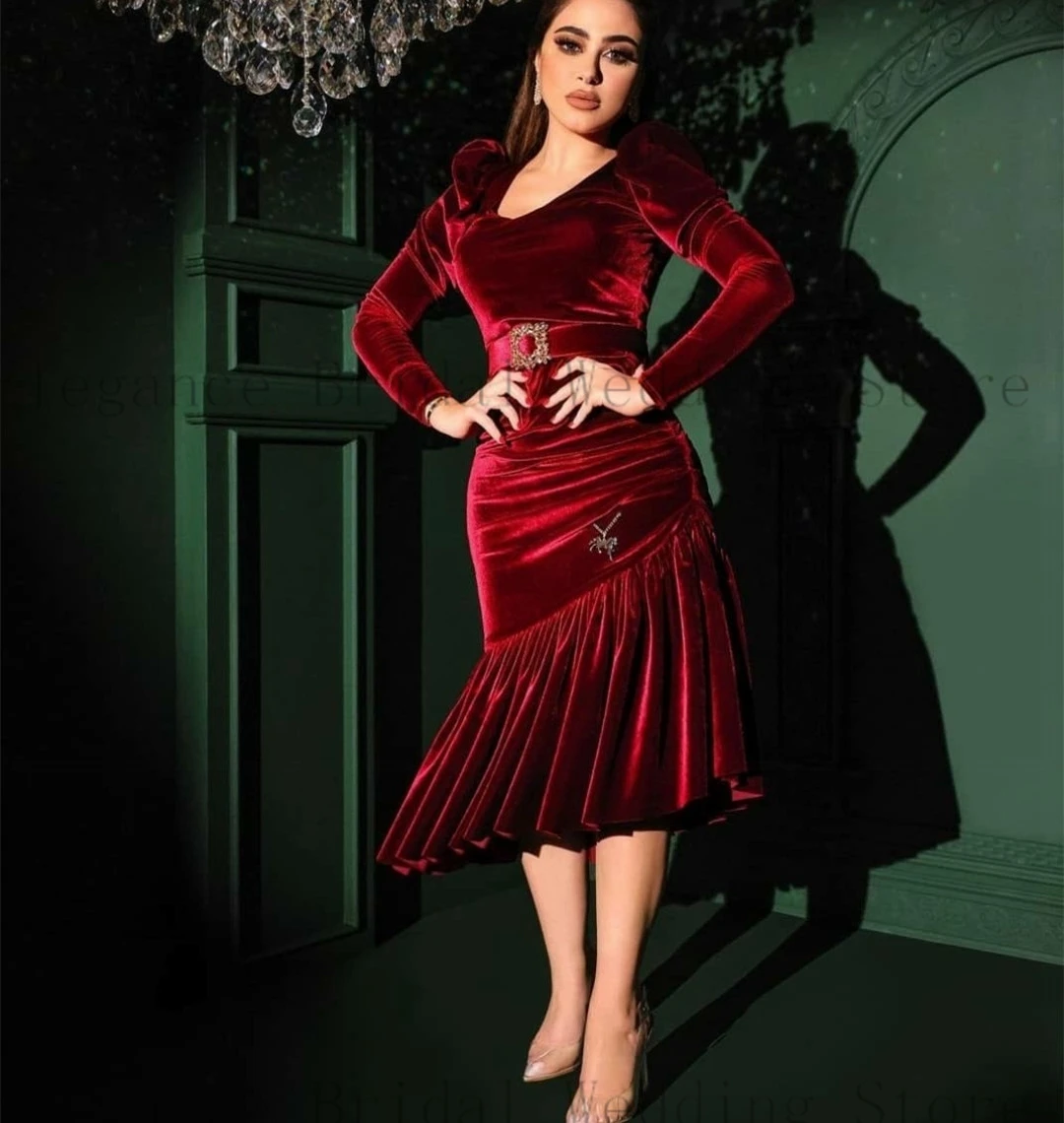 

Женское коктейльное платье с V-образным вырезом, классическое вечернее платье до колена с оборками и рукавами-фонариками, платье с юбкой-годе в стиле Саудовской Аравии, 2023