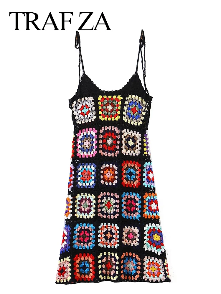 

TRAF ZA Summer Crochet Flower Sling Lace Up Dress Knit Backless Tube Top Cutout Slim Fashion Sexy Short Dress Ladies Clothing