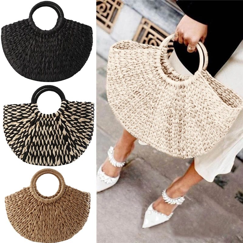 

Summer Handmade Bags for Women Beach Weaving Ladies Straw Bag Wrapped Beach Bag Moon shaped Top Handle Handbags Totes