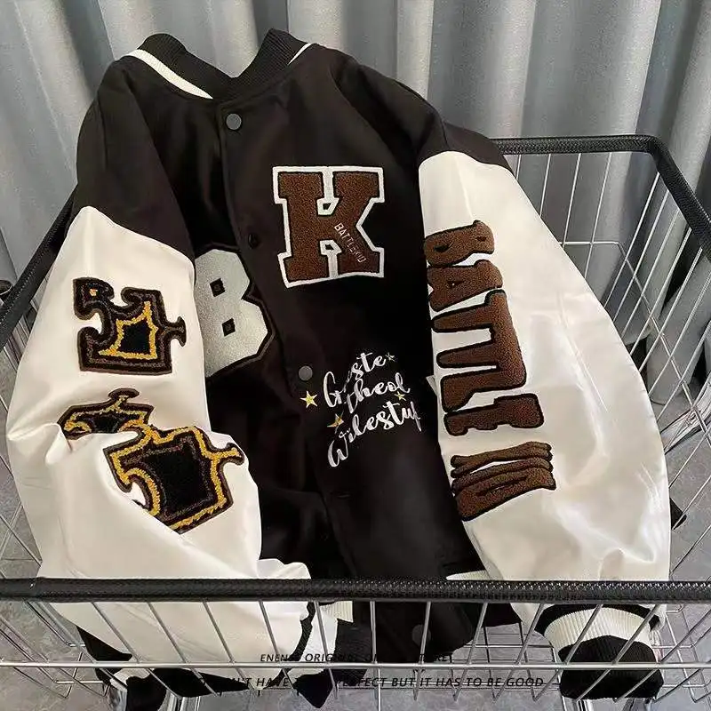 

American retro alphabet flocking embroidered Jackets Coats women street hip-hop casual wild baseball uniform couple loose jacket