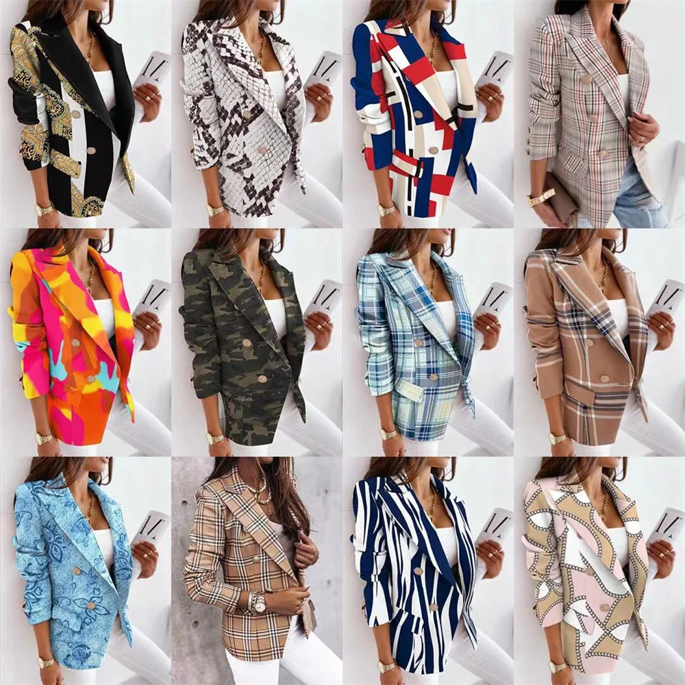 Print Women Jackets 2023 New in Casual Long Sleeve Double Breasted Slim Blazer Coats Elegant Office Ladies Formal Outerwear