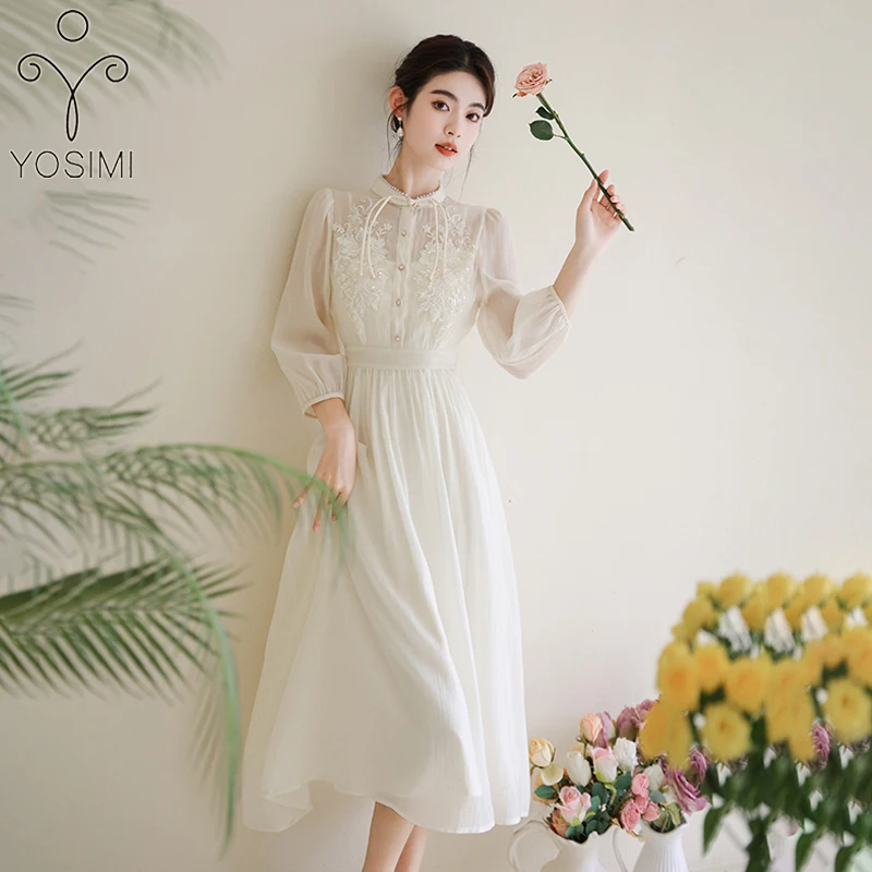 

YOSIMI White Lace Patchwork Chiffon Long Women Dress Elegant Qipao 2022 Summer Half Sleeve Mid-calf Chinese Stlye Cheongsam