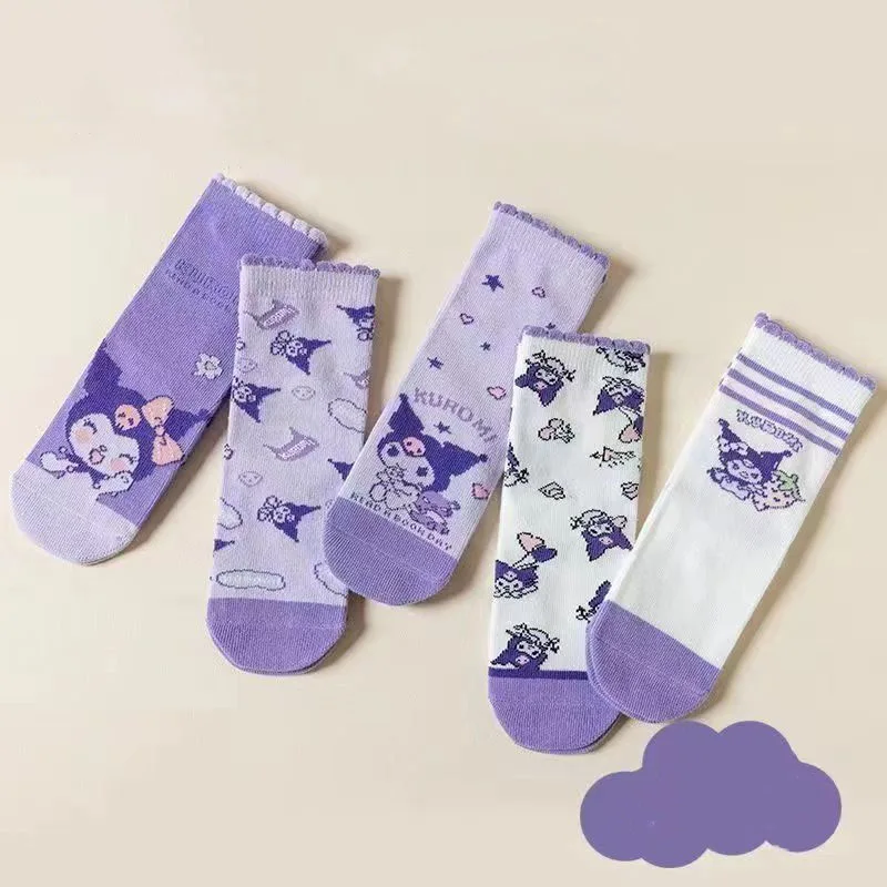 

10Pcs Cartoon Cute Kawaii Sanrioed Kuromi 2023 New Spring and Autumn Pure Cotton Childrens Breathable Mid Tube Socks