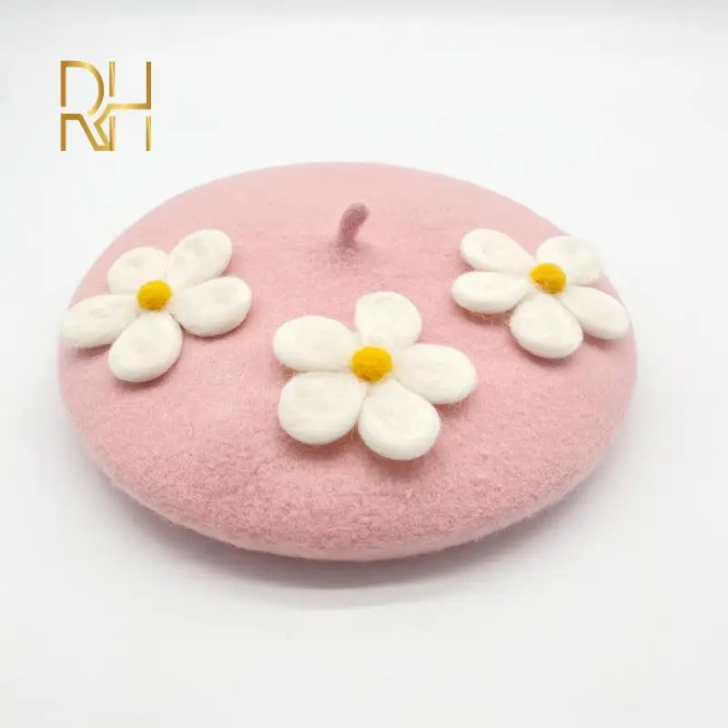 Женский шерстяной фетровый берет с цветами маргариток |