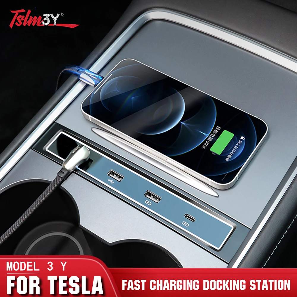 

4 Ports USB Docking Station For Tesla Model3 Model 3 Model Y 2021 27W Quick Charger Smart USB Shunt Hub Car Interior Accessories