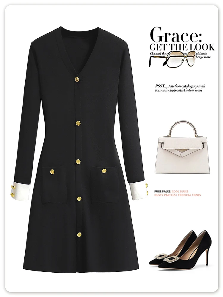 High-End Black Thickened Knitted dress Women Winter Wear 2024 Temperament V-neck Slim fit Bottoming Sweater Dress