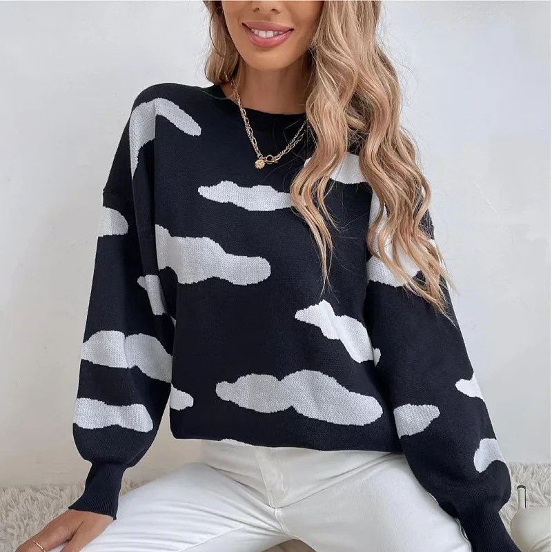 

Sweater for Women 2023 Fashion Autumn and Winter Long-sleeved Pullover Round Neck Contrast Jacquard Loose Ladies Sweater