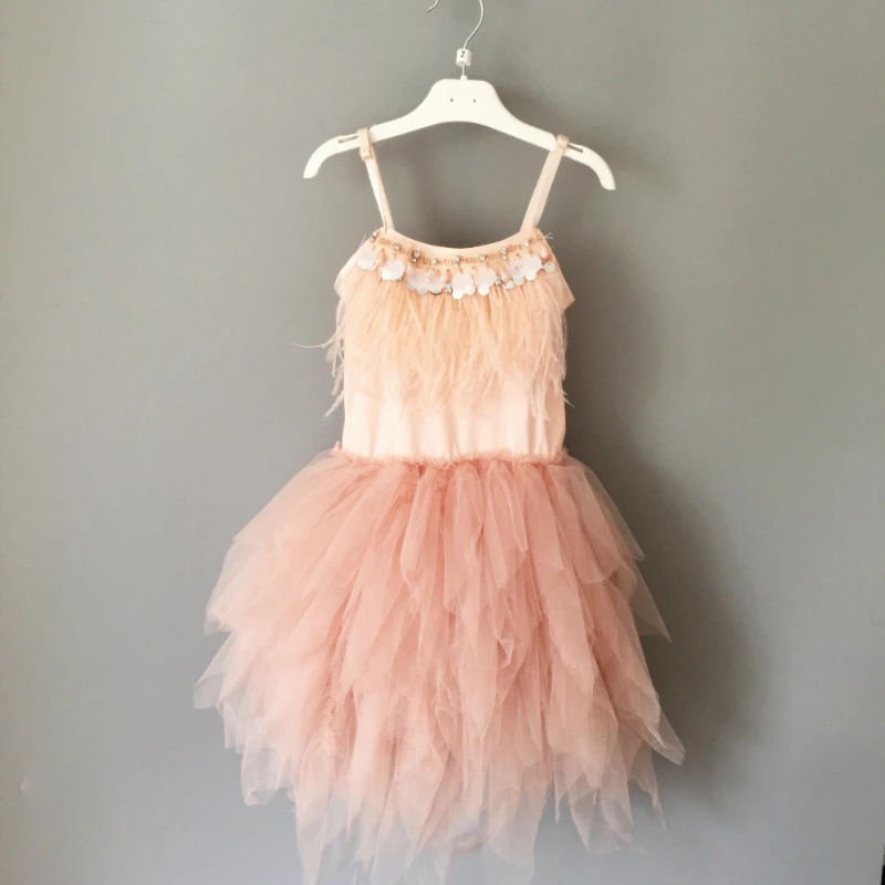 Платье с подтяжками и перьями для девочек бутиковое платье бисером блестками