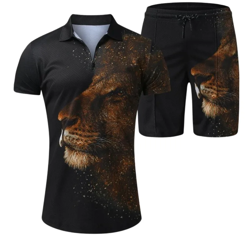 Fashion Men Casual Animal Lion Print Short Sleeve Polo Shirt + Shorts Summer Harajuku Sportswear Men Set Streetwear