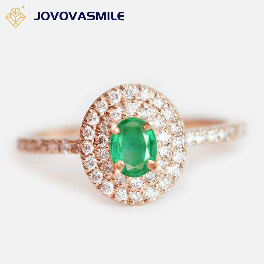 

JOVOVASMILE 0.55 Ct Oval Green Emerald Woman Ring Double White Moissanite Halo Engagement With A Half Eternity Lab Diamond Band