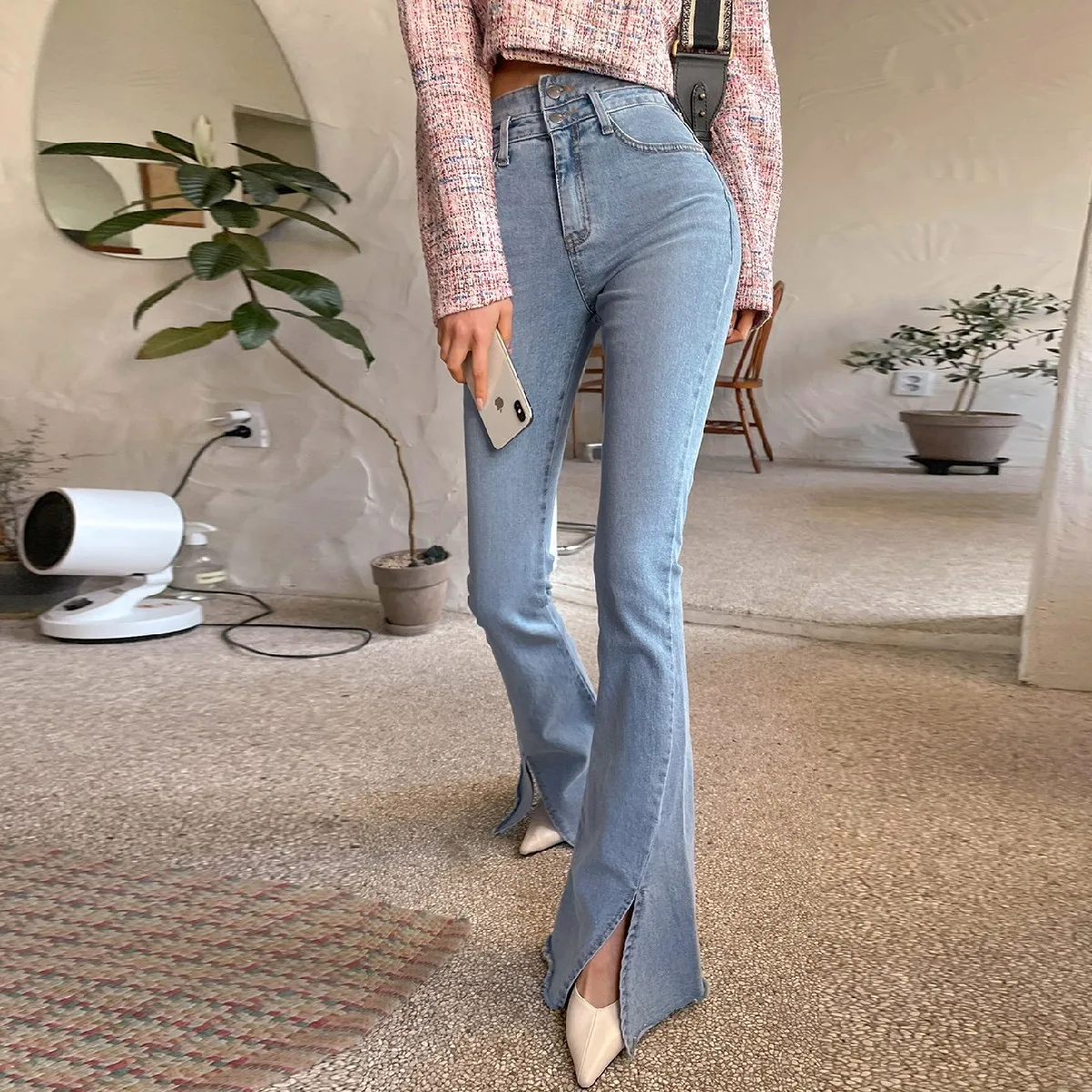 

Korean Style Chic Slim Flare Jeans For Women Casual High Waist Slit Flare Denim Pants Lady Boot Cut Long Jeans Denim Trousers