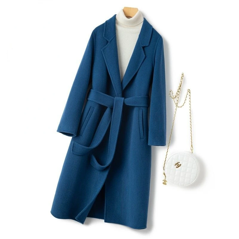 

2022 New Winter Women Woolen Coats Fashion Loose Casual Warm Long Sleeve Belt Coats Cashmere Woolen Long Overcoats E140