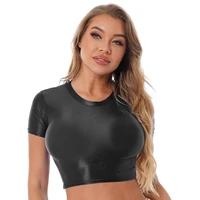 womens femme camis sports fitness smooth short sleeve crop top solid color round neck slim fit t shirt sportswear swimwear