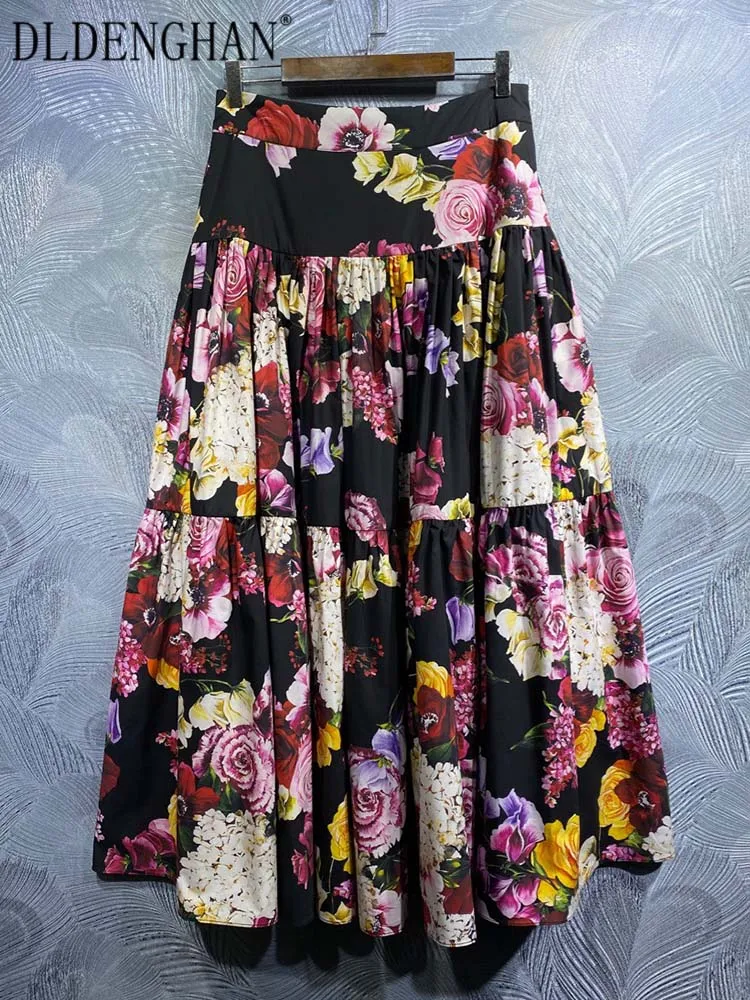 DLDENGHAN Autumn 100% Cotton Sicilian Skirt Women High Waist Flower Printed Vintage Holiday Long Skirt Fashion Designer New