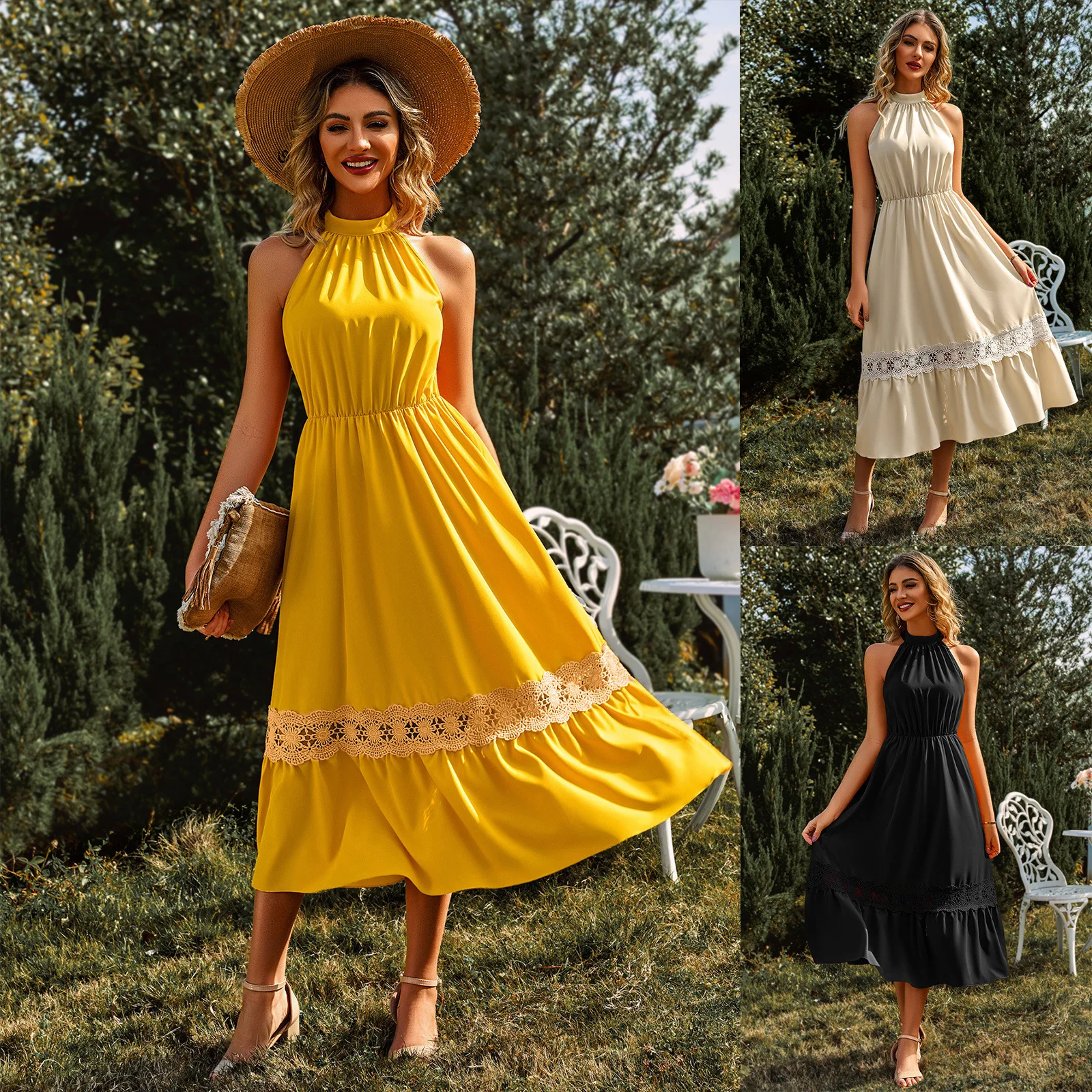 

2023 New Summer Casual Women's Fashion Solid Color Sleeveless Neck Lace Dress