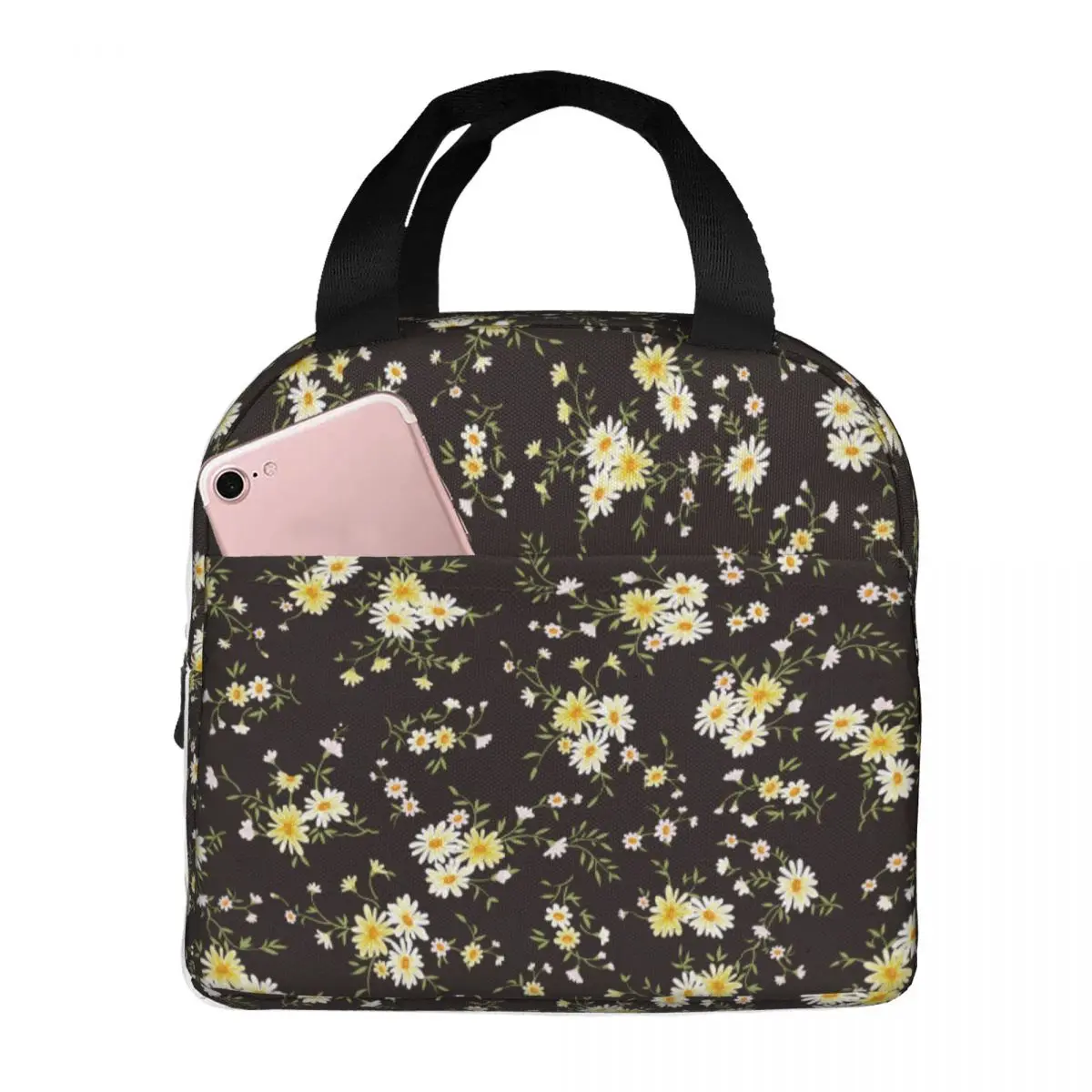 

Lunch Bags for Women Kids Floral Black Flower Insulated Cooler Portable School Oxford Tote Food Storage Bags