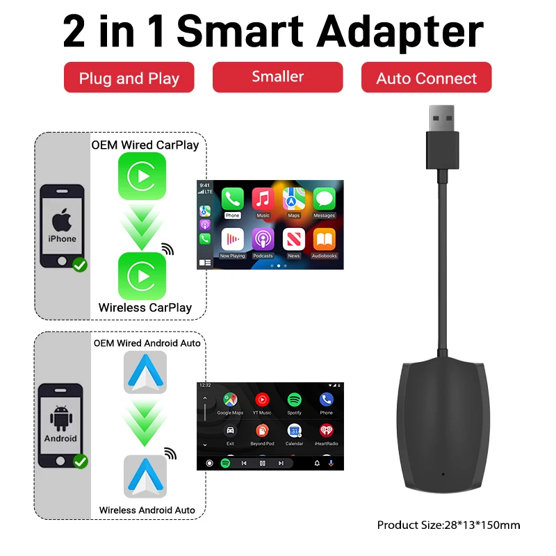 

Беспроводной автомобильный адаптер Carplay и Android, умная мини-коробка, автоматическое подключение «подключи и работай» 2 в 1 для Volvo Benz Toyota Kia VW Audi