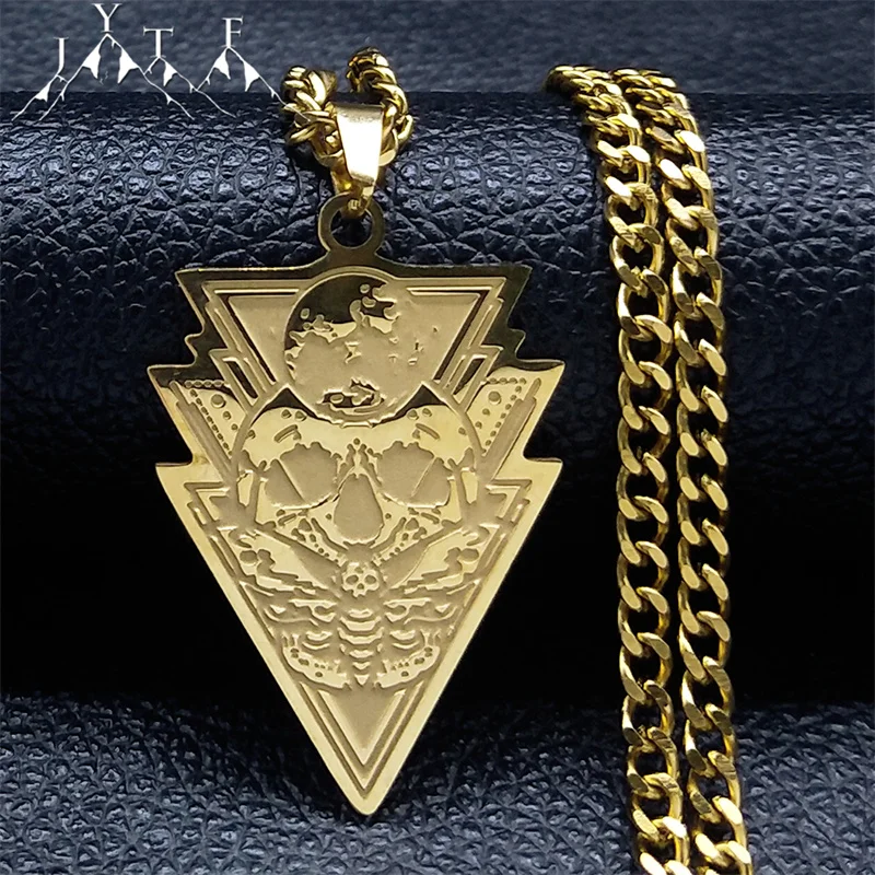 

Goth Demon Skull Moth Moon Skeleton Necklace Stainless Steel Gold Color Geometric Inverted Triangle Necklaces Punk Jewelry N4035