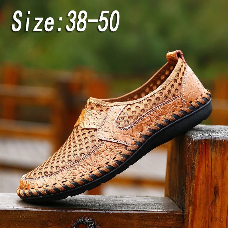 

Men's Mesh Casual Shoes Leather Loafers Men's Outdoor Leather Shoes Breathable Handmade Flat Shoes Summer Sneakers Size 38-50