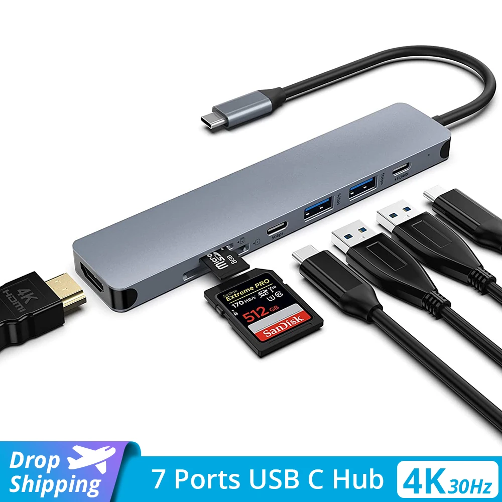 

USB 3.0 Type-C удлинитель 7 в 1, док-станция для HDMI, мульти USB-разветвитель, адаптер USB 2,0, TF SD-ридер, слот для Macbook, ПК