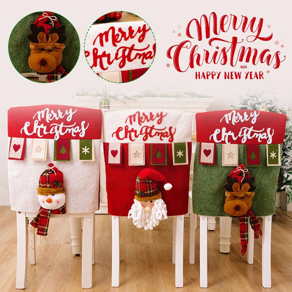 

Christmas Chair Cover Polyester Kitchen Dining Chair Slipcover 3D Santa Claus Snowman Reindeer Chair Back Cover Xmas Home Decor
