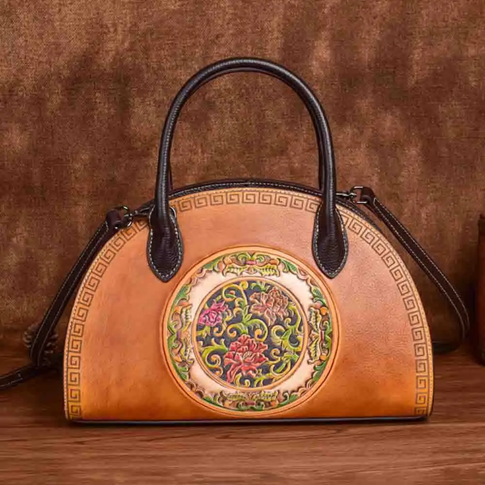 

Luxury Genuine Leather Handbag for Women Vintage Bag Embroidery Casual Tote Half Moon Purses Old School Cowhide Bag 2022 New