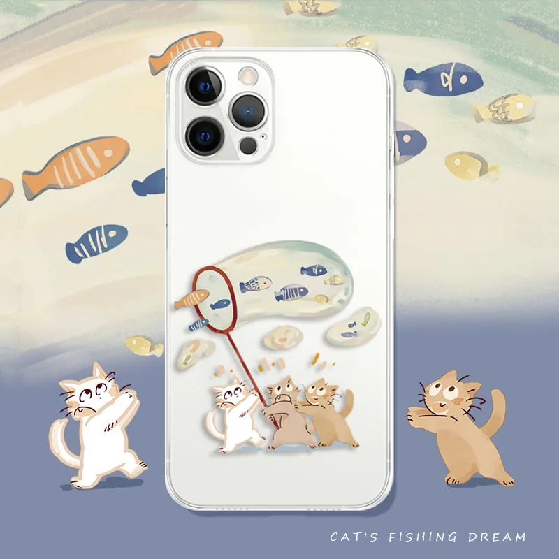 

Cartoon Cat Fishing Dream Phone Case for IPhone11 12 Pro Max 13 XR XS X 8 7 SE22 6 Plus Cute Animal Pattern Clear Soft TPU Cover