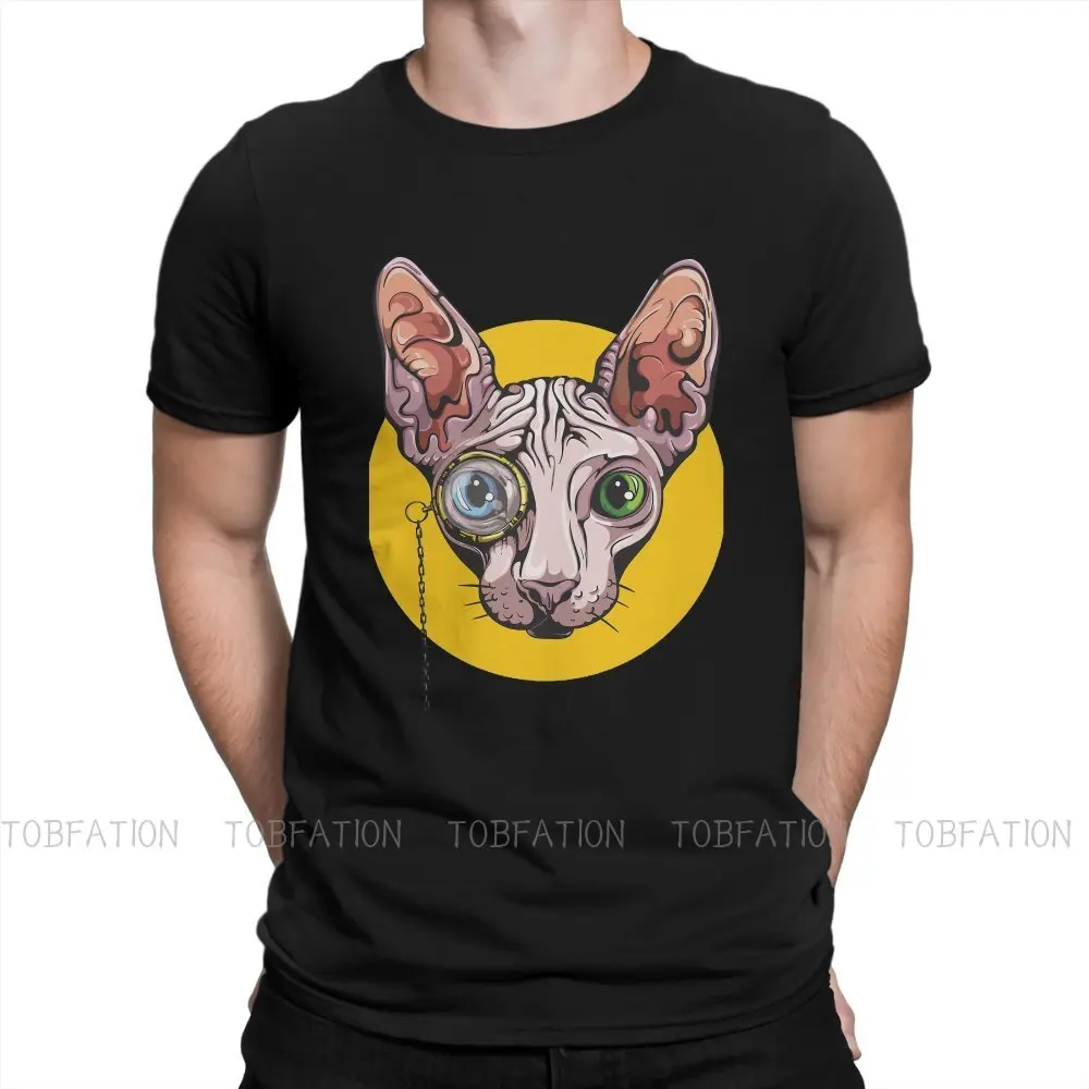 

With Monocle Hip Hop TShirt Sphynx Hairless Cat Cute Printing Streetwear Leisure T Shirt Men Short Sleeve Unique Gift Idea