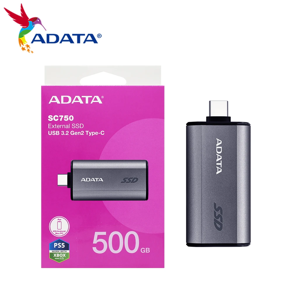 Фото ADATA SC750 высокоскоростной портативный SSD Type-C 3.2 Gen2x2 интерфейс 500 ГБ 1000 ГБ скорость передачи до 1050 МБ/с для настольных ПК PS5 №1