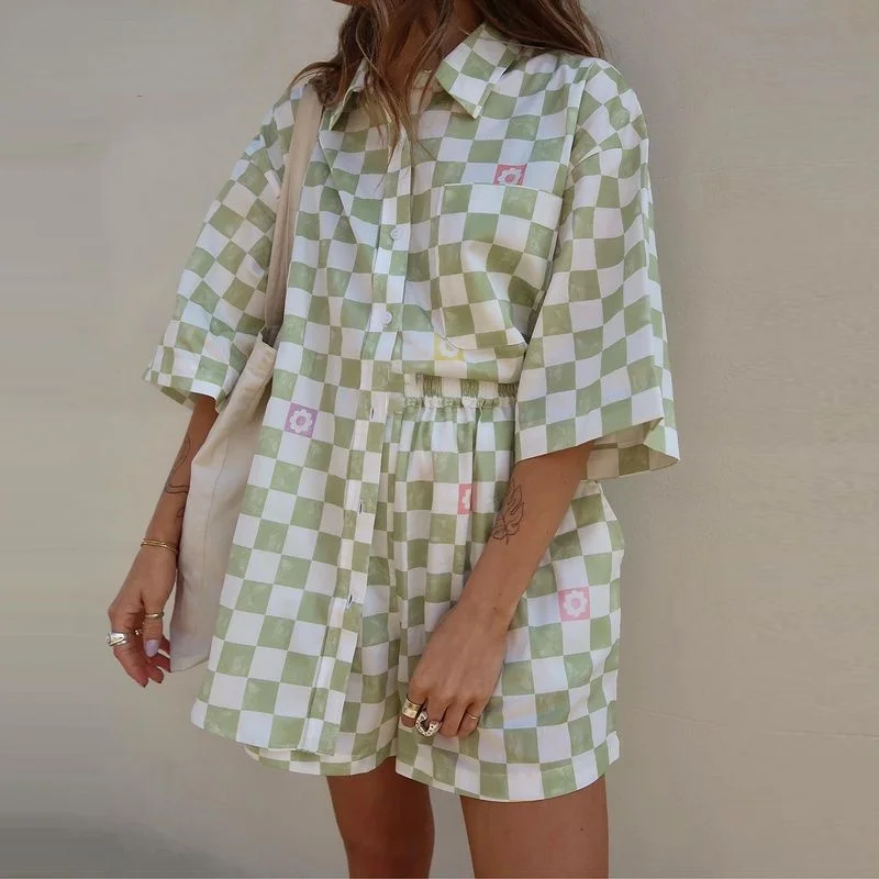 

Casual Women Lounge Wear Summer Plaid Tracksuit Shorts Set Short Sleeve Shirt Tops and Mini Shorts Suit Two Piece Set
