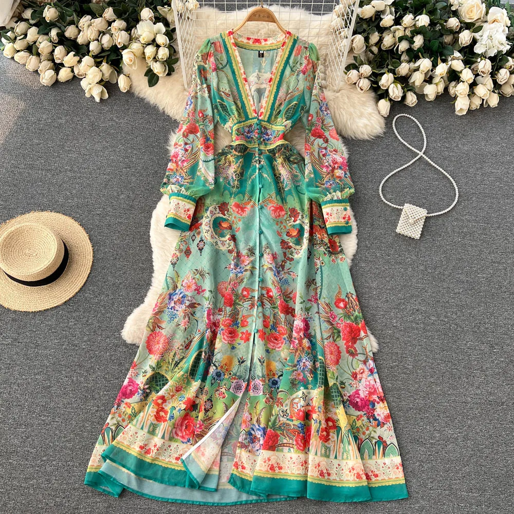 

New Bohemian Style Women Long Dress Summer 2022 Retro Lantern Sleeve Robe Femme V Neck Floral Chiffon Print Beach Vestidos