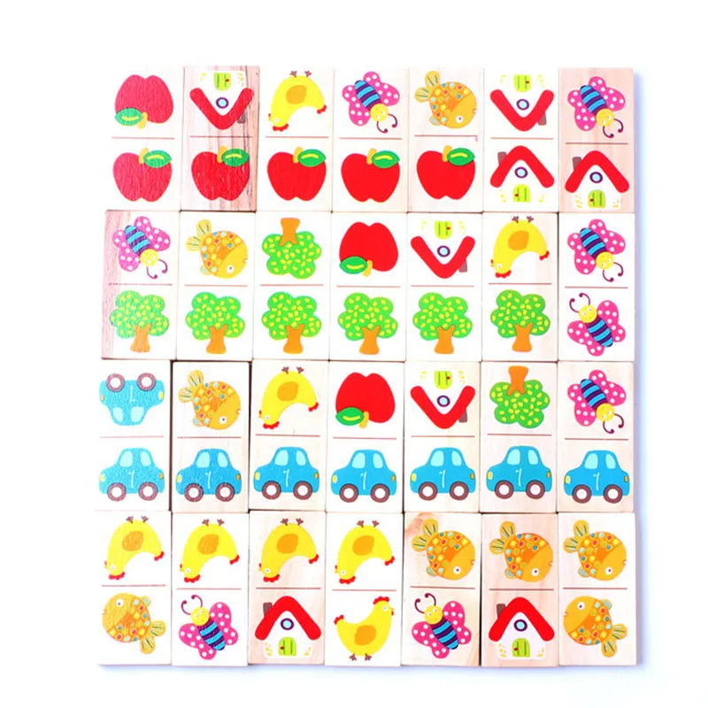 

Wooden 28Pcs Domino Fruit Animal Recognize Blocks Dominoes Games Jigsaw Montessori Children Learning Education Puzzle Baby Toys