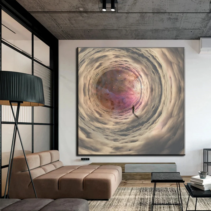 

Абстрактный человек, ходящий в облачном пространстве, туннель, Картина на холсте, плакаты и принты, настенные картины для гостиной, домашний...