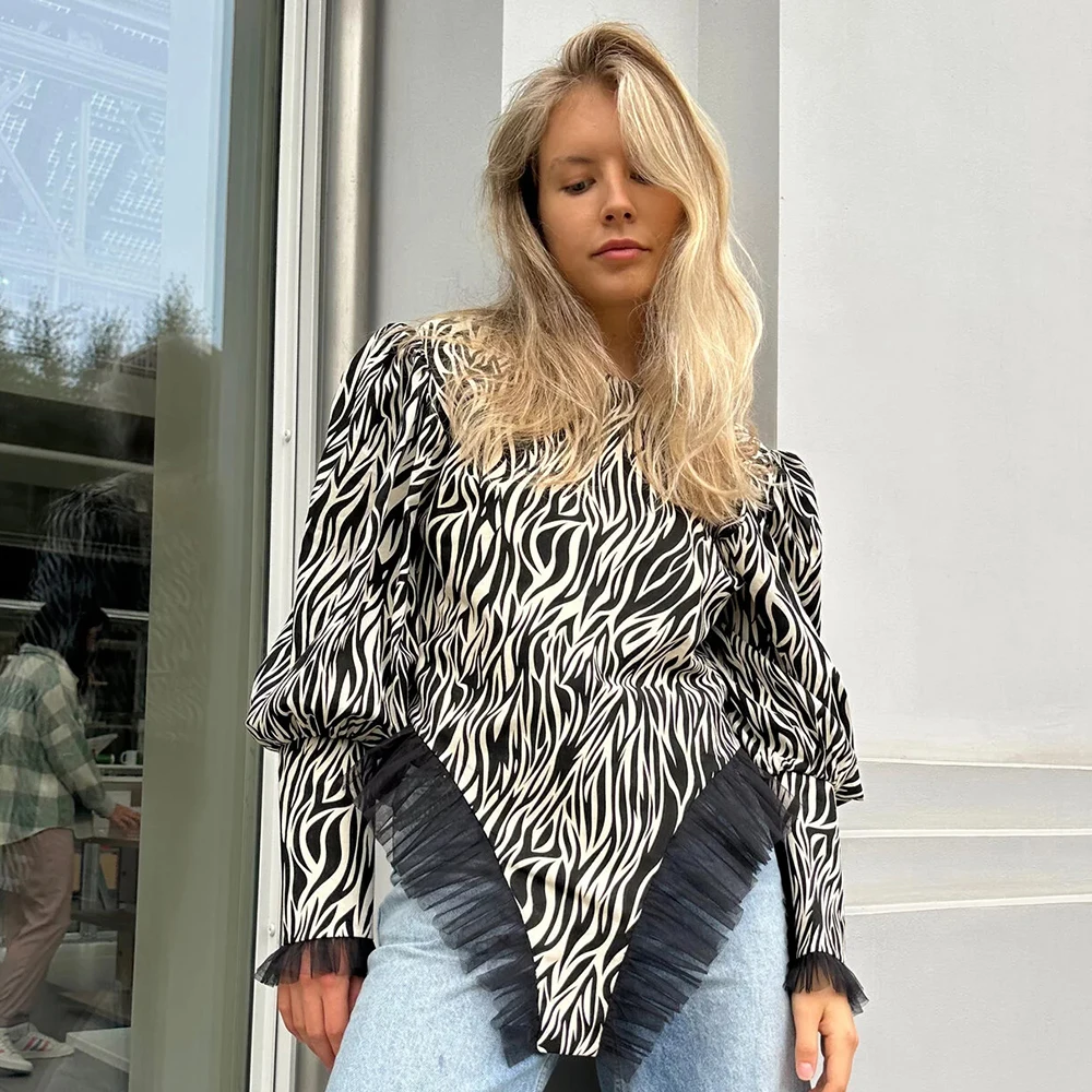 

Ruffles Trim Animal Zebra Printed High Street T Shirt Women Lantern Sleeve Elegant Cut Out Autumn Winter Top Tshirt Casual 2023