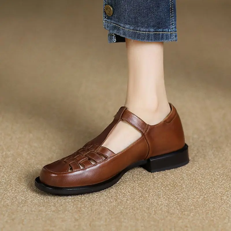 

Туфли женские из натуральной воловьей кожи, базовая обувь, плоская подошва, круглый носок, пряжка, в ретро стиле, во французском стиле, осень-весна