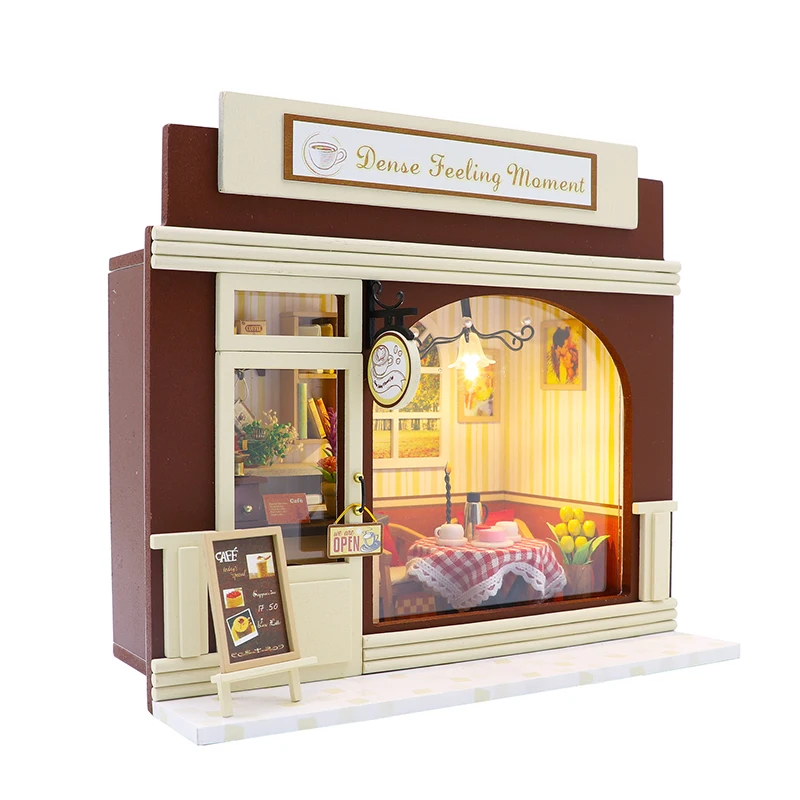 

New Wooden Cafe Shop Doll House Kit Miniature Building With Furniture Light Dollhouse DIY Roombox Assembled Toys For Adults Gift
