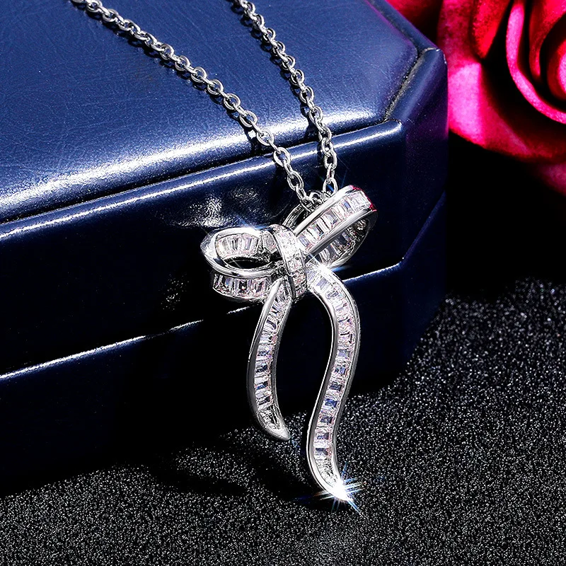 

Simple Bowknot Pendant Evening Party Girl Necklace with Shiny Crystal Zircon Graceful Wear Jewelry Drop Shipping Hot Sale
