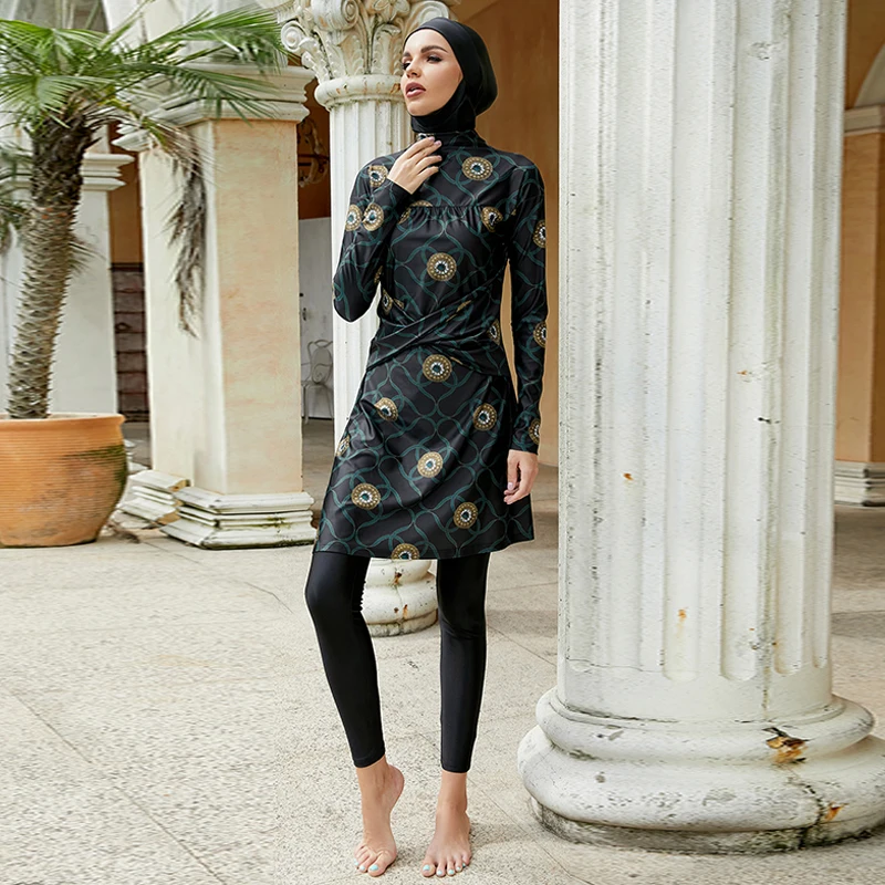 

Hijab Swimsuit Women Muslim Printed Waist Gathers Burkini For Girls Modest Swimwear Muslim Hood Islamic Women's Swimming Suit