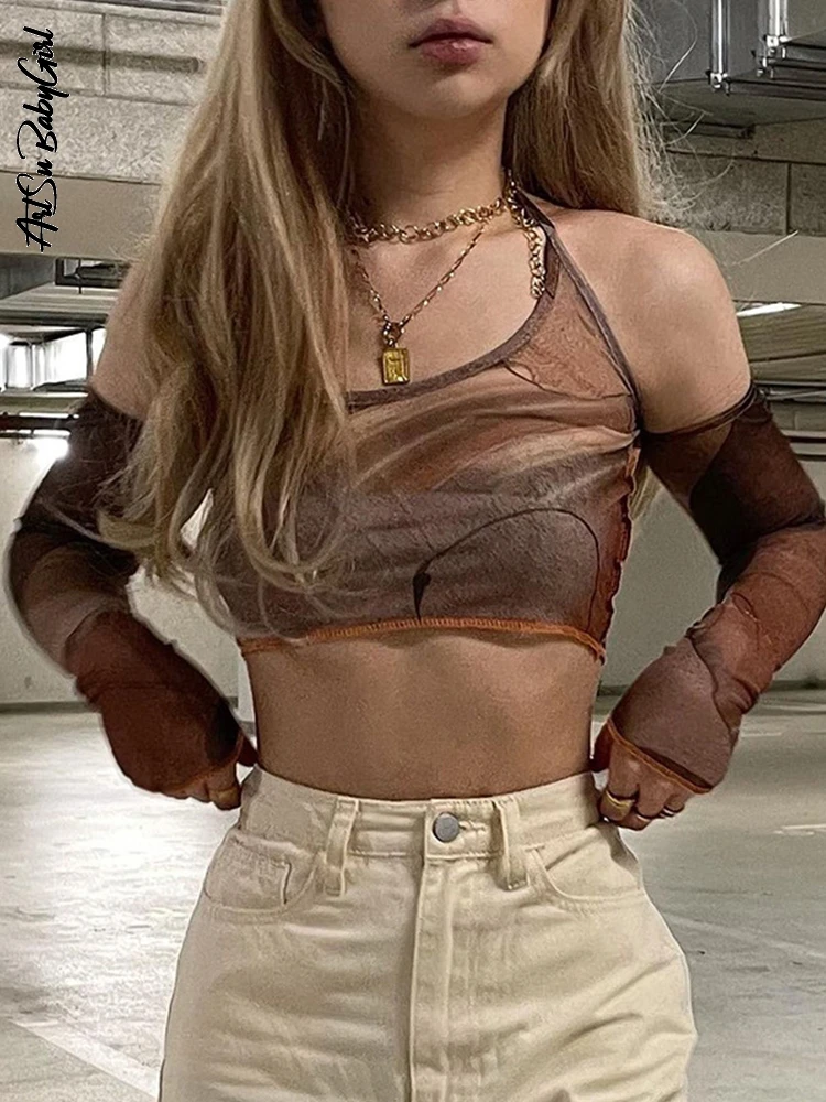 

Топ с лямкой на шее, Женский коричневый корсет, топ, укороченный топ с принтом, футболка с длинным рукавом, весна-лето, уличная одежда, облега...