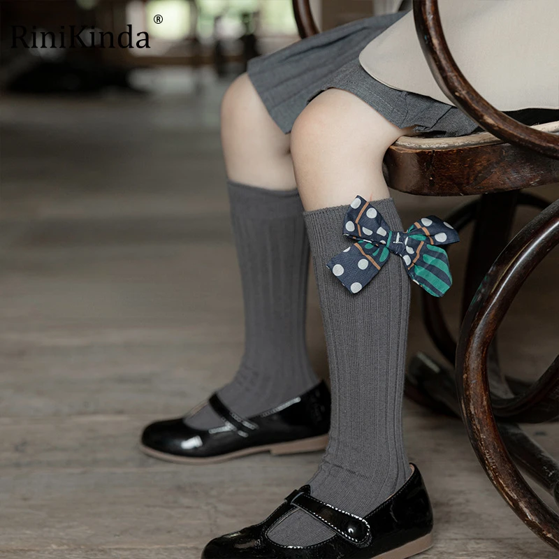 

RiniKinda 2022 Autumn Baby Socks Girls Kids For Winter Non-slip Socks Bow Solid Cotton Preppy Style Princess Knee High Long
