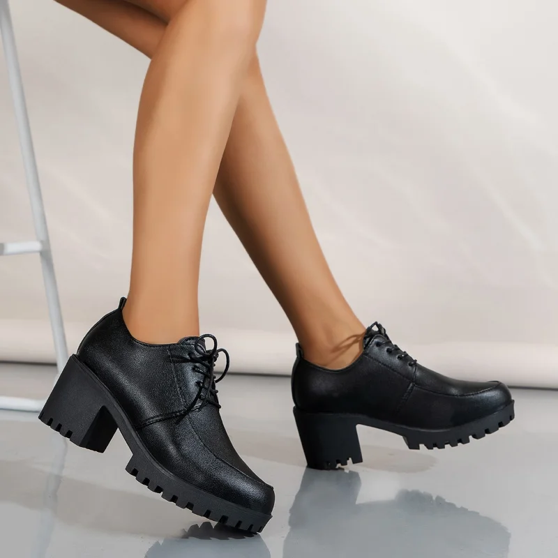 

Fashion Black Commuter Shoes Lace Up Female Shoes Comfortable Platform Shoes Zapatillas Mujer Women's Pumps Autumn High Heels