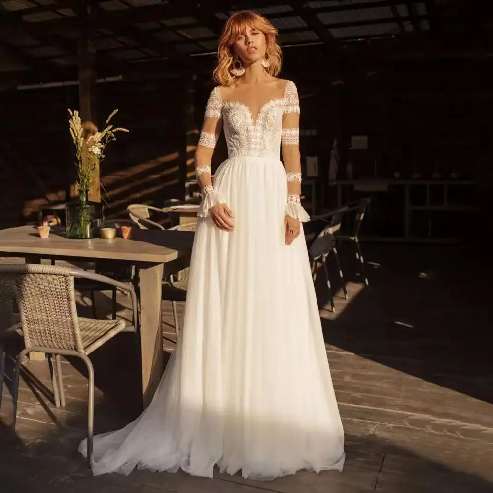 

Long Sleeves Beach Scoop Neckline Illusion Button Back Lace A-Line Wedding Dress Bridal Wedding Gown Brides Dress vestido noiva