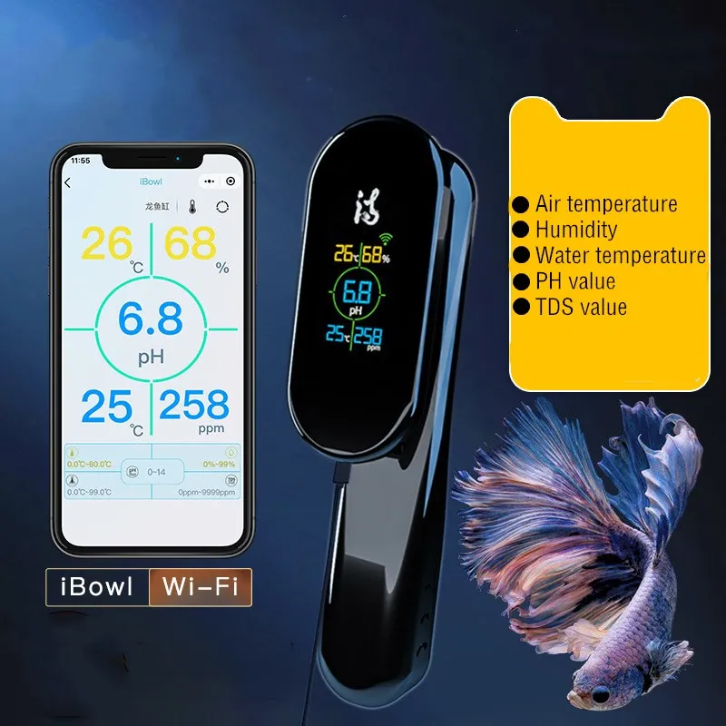 5 IN 1 WIFI Water Quality Monitor For Aquarium TDS / PH / Temperature /Humidity Real-time Digital Meter Fish Tank Koi Fish Pond