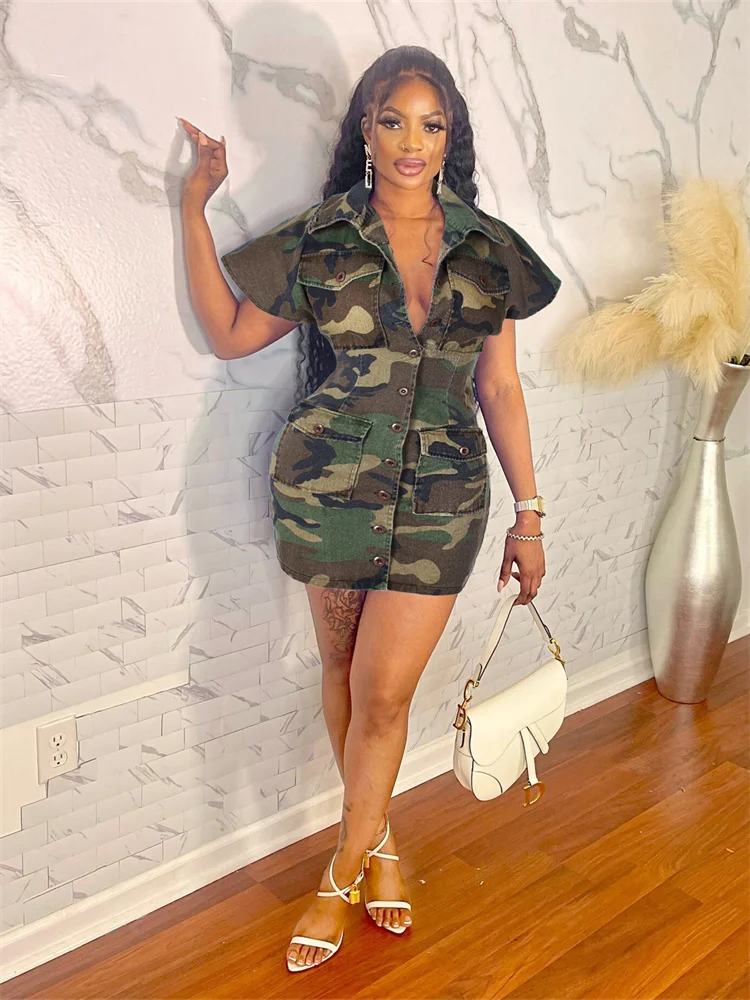 

WJFZQM Female Sexy Camo Sheath Dress Fashion With Large Lapel Pocket Streetwear Camouflage Casual Desses For Women 2023 Summer