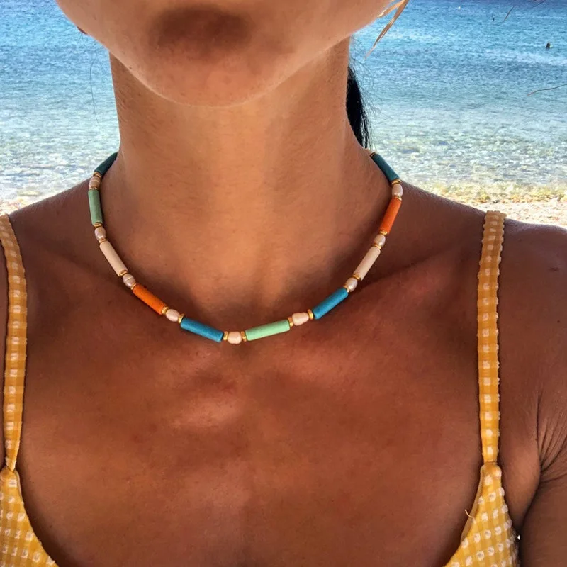 

Natural Stone Jewelry Necklace For Women Retro Exaggerated Colorblock Pearl Necklaces Fashion Rainbow Personality Gold Beads