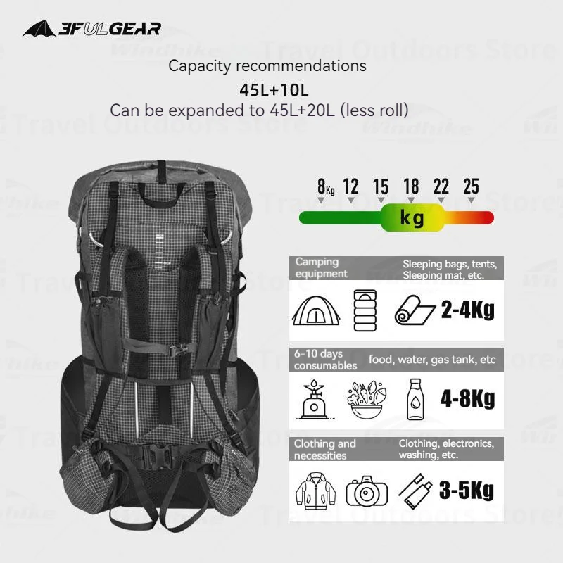 3F UL GEAR YUE Outdoor45 + 10L Водонепроницаемый рюкзак Сверхлегкий 1 кг XPAC/UHMWPE