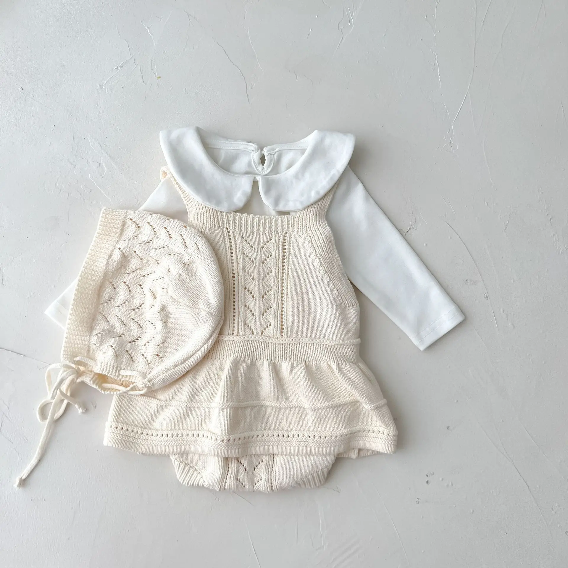 2022 Autumn New Baby Sleeveless Knit Bodysuit + Hat Infant Girl Knitted Jumpsuit Baby Sweater Toddler Strap Overalls Clothes