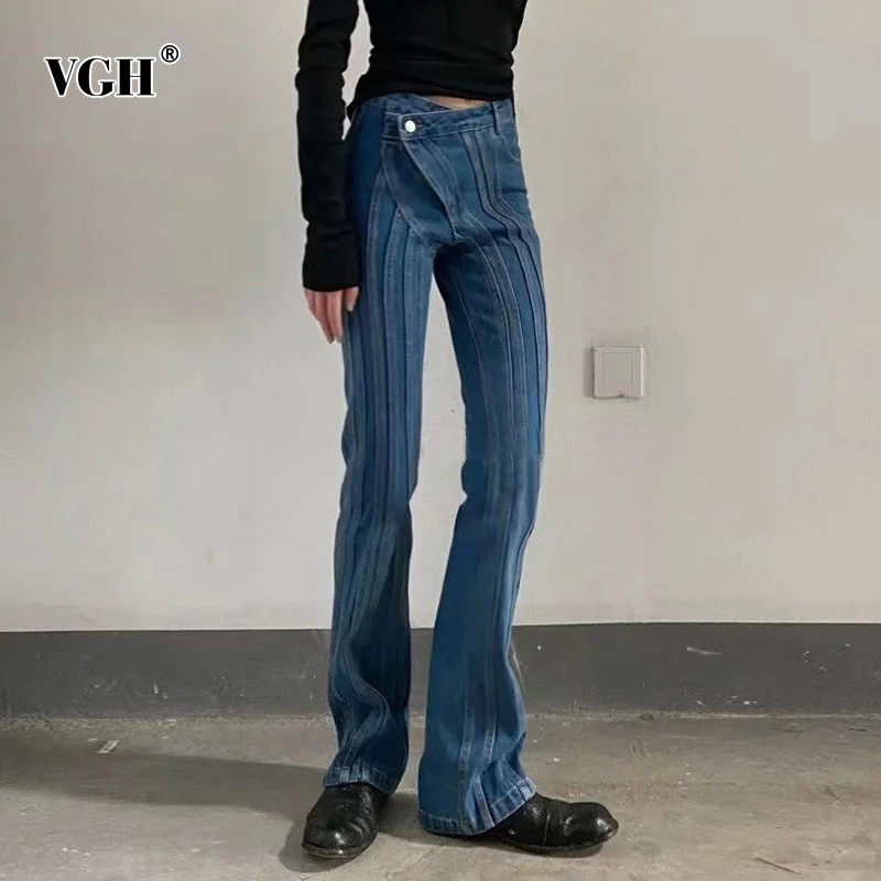 

VGH Vintage Plain Denim Pants For Women High Waist Patchwork Bright Line Decoration Slimming Long Flare Jeans Female 2022 Style