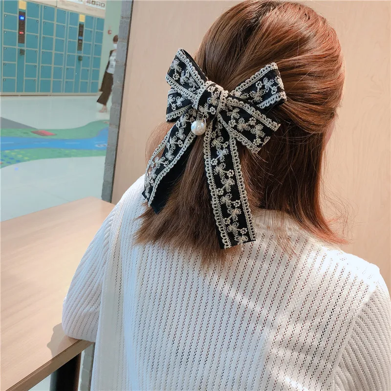 

Embroidered Pearl Mesh Bow Knot Hair Clips Lace Ribbon Hairgrips Hairpins Korean Barrettes for Women Girls Hair Accessories