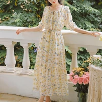 ruffle collar flare half sleeve front lace up waist tight stitching large hem female dress summer dragonfly floral print beach c